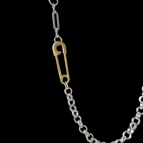 24 inch Stainless Steel Mixed Chain Necklace with Brass Safety Pin Charm Detail - Picture 4 of 4